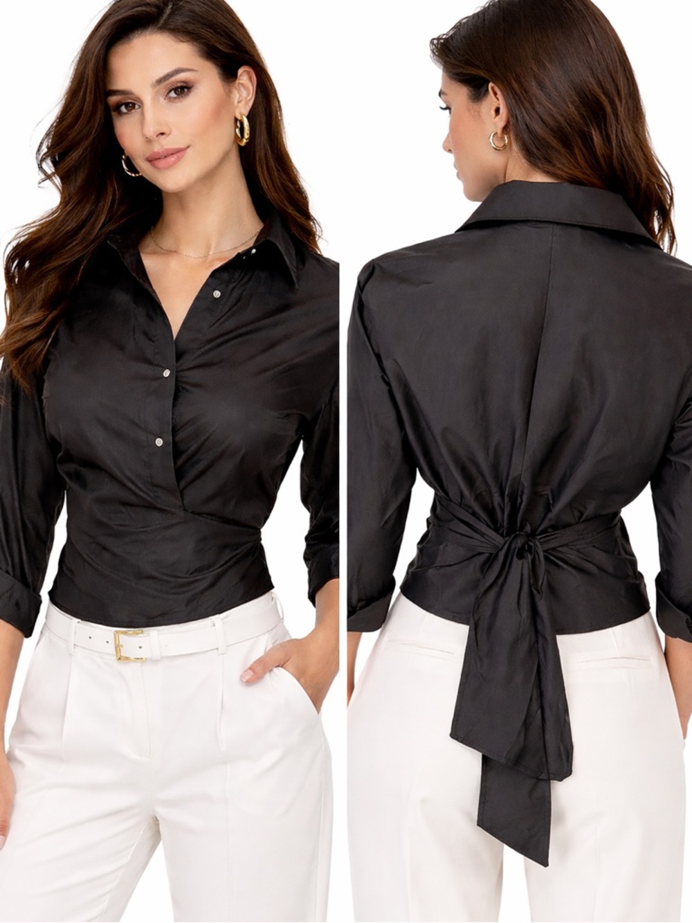 Judy Lee Cole Black Crystal Button Wrap Top